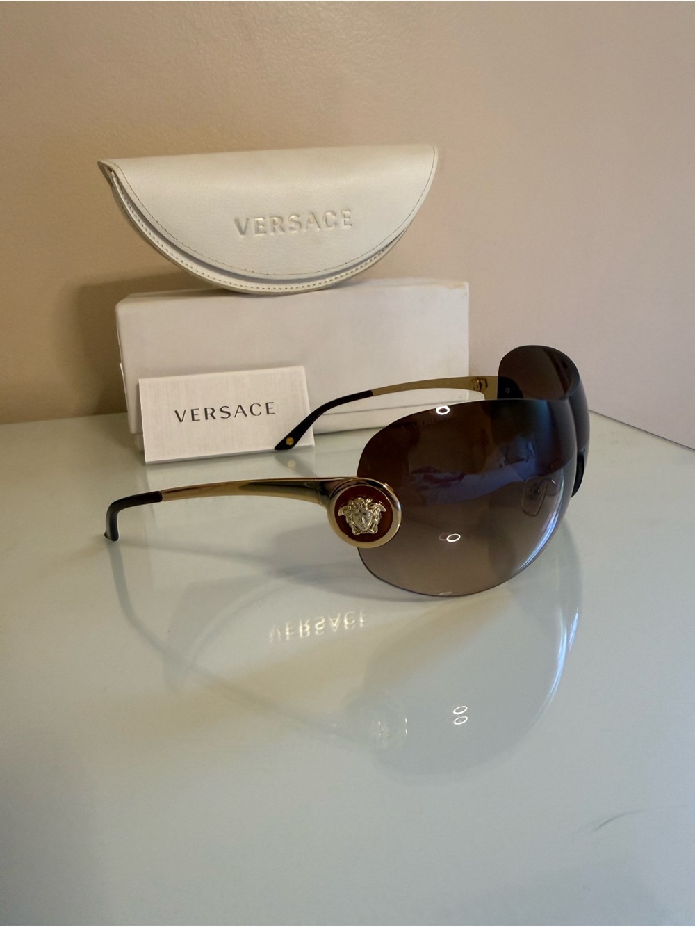 Versace Gold-Tone Medusa Brown Gradient Shield Sunglasses